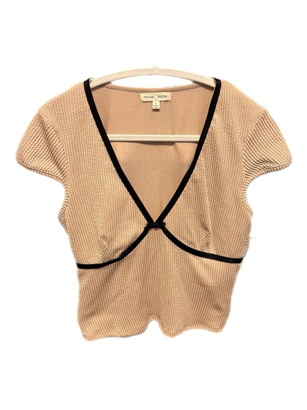 Moa Moa Puckered Rib Knit Top with Black Trim Juniors
